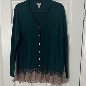 LOGO by Lori Goldstein Dark Green V-Neck Sweater with Lace Hem